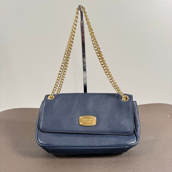 Michael Kors Handbags - Michael Kors Women's Jet Set Chain Leather Small Shoulder Flap Navy Blue Bag